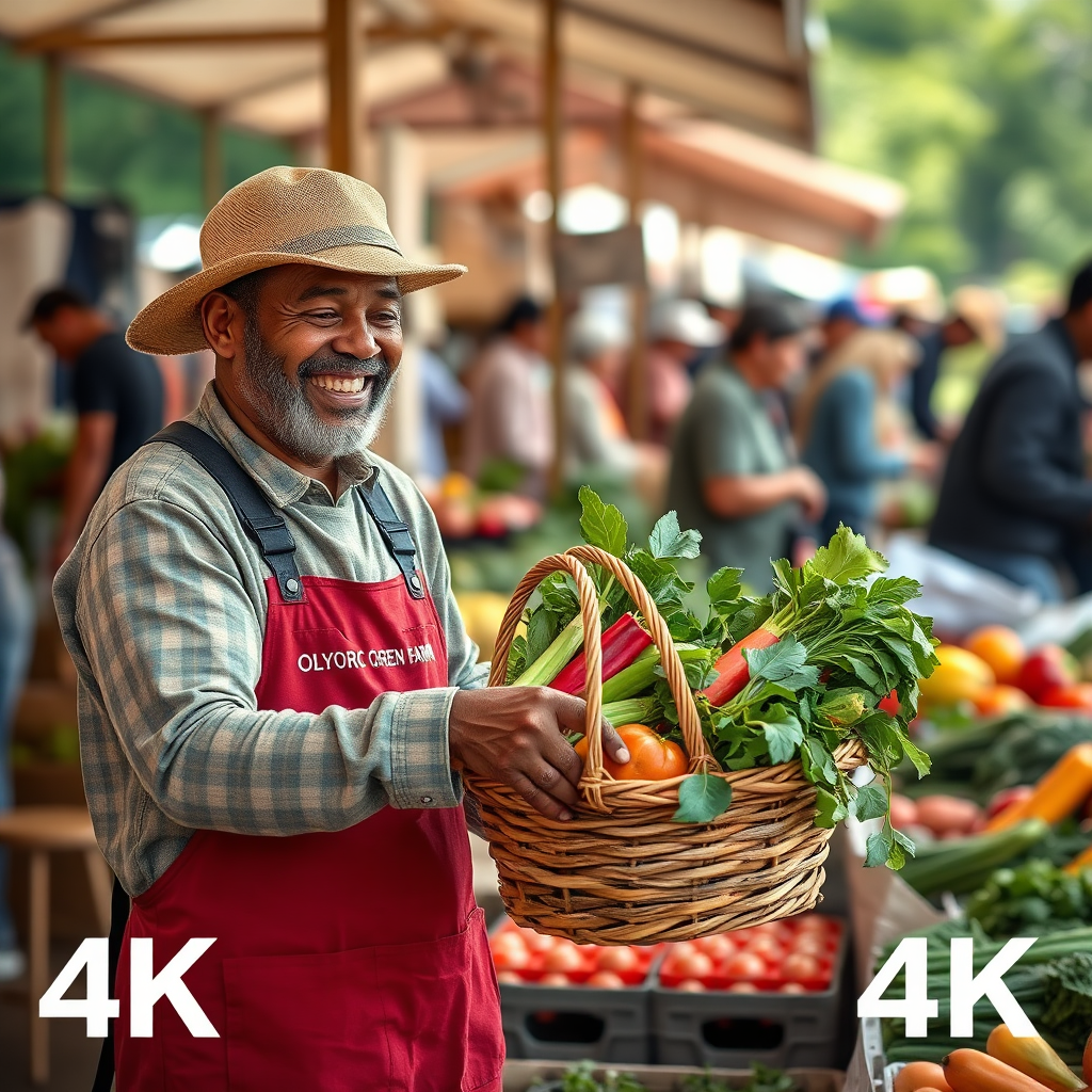 A farmer from Oluyori Green Farm handing a basket of freshly picked vegetables to a smiling customer at a local farmers market. The background is filled with other vendors and shoppers, creating a sense of community and support. Warm, vibrant colors. 4K resolution.