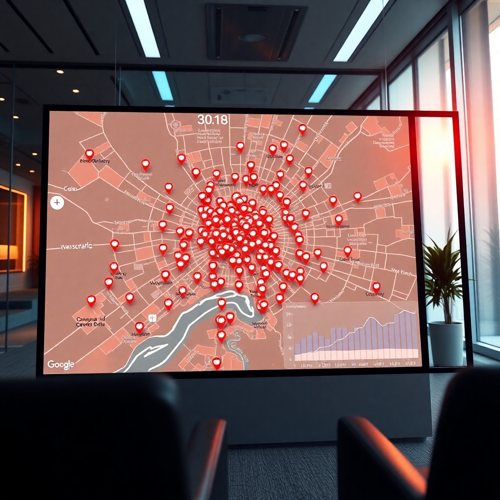 A hyperrealistic image, 8K resolution, showcasing a map of a city with numerous location markers pinpointing plumbing businesses.  The map is displayed on a large touchscreen in a modern, brightly lit office. Dramatic side lighting highlights the map and the key data displayed: rankings, reviews, and website traffic. The color palette is vibrant, using warm tones to represent growth and success, and cool tones to illustrate geographic reach. The camera angle is slightly low, looking up at the screen, creating a sense of scale and importance. The office environment is sleek and professional, with subtle textures like polished glass and metallic accents. Key elements include data graphs illustrating SEO performance metrics (e.g., improved search rankings, increased website traffic).  The overall mood should be positive and uplifting, conveying the success and growth of the plumbing business.  The style should be similar to high-quality corporate stock photography, with a focus on clean lines and sharp details.