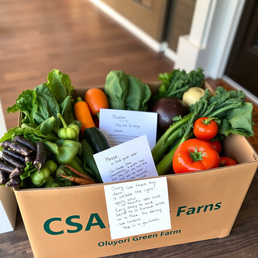 A neatly arranged CSA box filled with a variety of Oluyori Green Farm's vegetables, along with a handwritten note. The box is sitting on a porch, ready for delivery. Focus on the freshness and convenience of the CSA program. Warm, inviting lighting. 4K resolution.