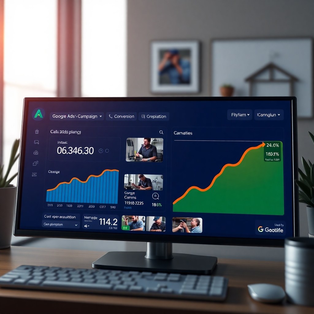 A photorealistic image depicting a Google Ads campaign dashboard showing a significant increase in calls and website visits. The dashboard should display key metrics such as click-through rate (CTR), conversion rate, and cost per acquisition (CPA). The background should subtly showcase images of plumbers fixing various plumbing issues in different homes.