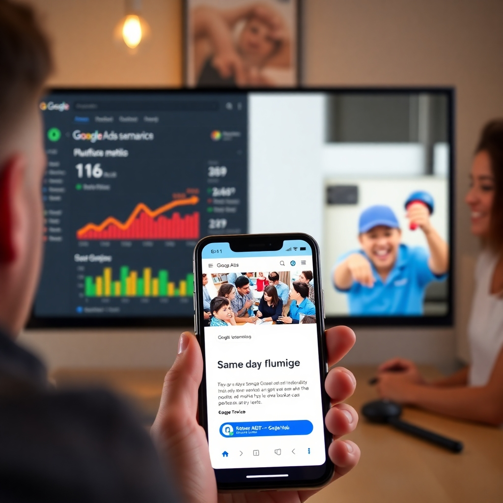 A photorealistic image depicting a split-screen showing a Google Ads campaign dashboard with positive performance metrics on one side and a phone displaying a plumbing company's Google Ad with a compelling offer for same-day service on the other side.  The background should subtly showcase happy customers receiving prompt service.
