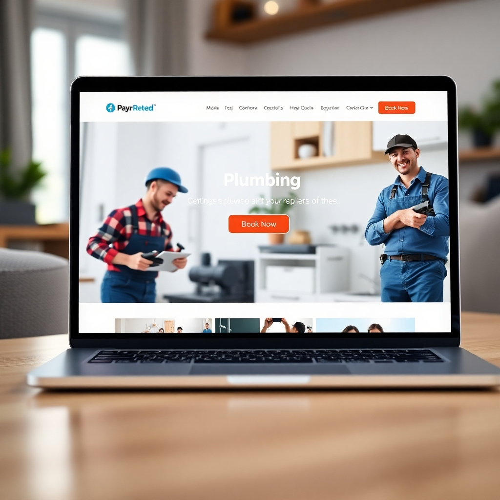 A photorealistic image of a clean, modern plumbing website on a laptop screen, showcasing a prominent 'Book Now' button and high-quality images of plumbers working efficiently. The background should subtly feature a blurred image of a satisfied customer in their home.