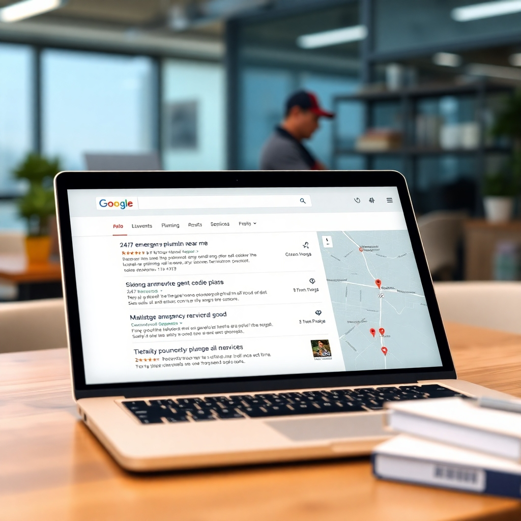 A photorealistic image of a laptop screen displaying Google search results. The top results prominently feature plumbing businesses using location-based keywords.  The screen should show relevant search terms such as '24/7 emergency plumber near me' and the map feature highlighting nearby plumbing services. The background should suggest a busy office environment with a plumber working in the background.