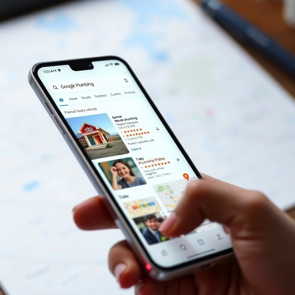 A photorealistic image of a phone displaying Google Maps search results, with a plumbing company's listing prominently featured at the top.  Include high-quality images and positive reviews in the business listing. The background should subtly show a map highlighting the company's service area.
