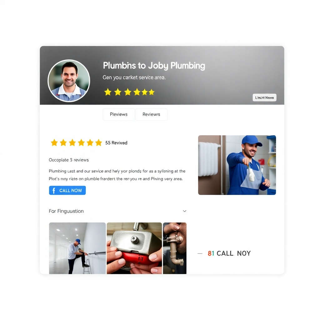 A photorealistic image of a plumber's Google Business Profile showing 5-star reviews, complete business information including service area, photos of the plumber and their work, and a prominent 'Call Now' button. The background should be a clean, modern design with the Google logo subtly present.