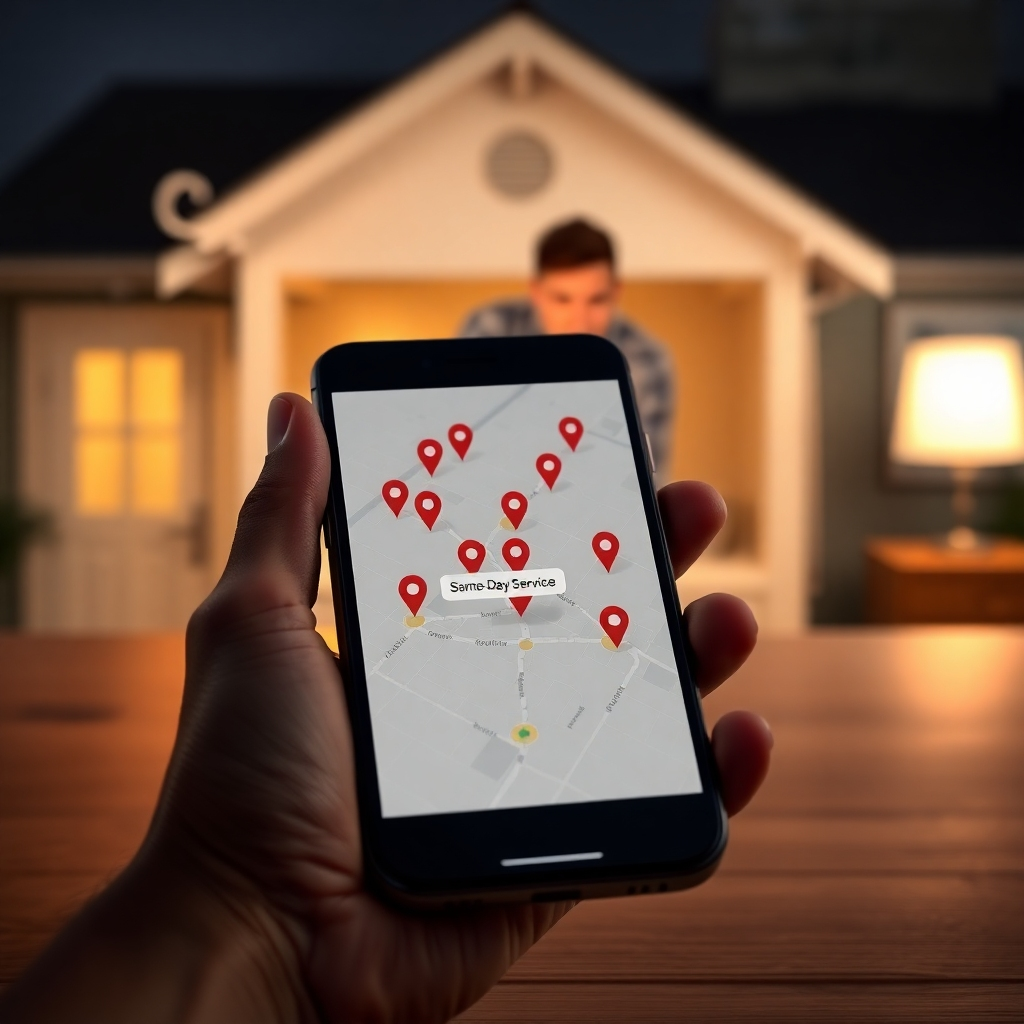 A photorealistic image of a smartphone displaying a map with multiple plumber location markers, highlighting one with a 'Same-Day Service' label.  The background should show a house with a dripping faucet and a worried homeowner.  The overall lighting should be slightly dark, creating a sense of urgency.  The smartphone should be crisp and well-lit, emphasizing the map and its details. The image should evoke a sense of quick response and problem-solving.
