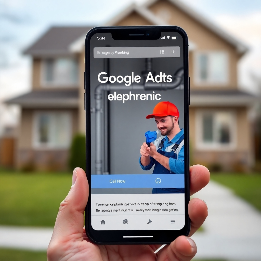 A photorealistic image of a smartphone displaying a Google Ads campaign for emergency plumbing services. The ad should prominently showcase a 24/7 service message, clear call to action such as 'Call Now', and have a professional image of a plumber resolving an urgent plumbing situation. The background should be a blurry image of a house with a plumbing issue, such as a leaking pipe, enhancing the ad's context.