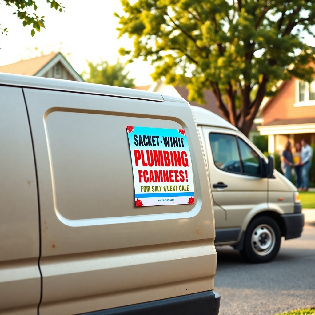A photorealistic image, ultra-detailed in 8K resolution, of a plumber's van parked in a suburban neighborhood, with a high-impact marketing flyer affixed to the door. Soft, natural lighting illuminates the scene. The flyer is brightly colored, showcasing a compelling offer for same-day/next-day plumbing services. The color palette is bold and eye-catching, with high contrast between the flyer's design and the van's neutral color. The camera angle is from a slightly elevated position, providing a clear view of both the van and flyer. Textures include the worn paint of the van and the crisp, printed surface of the flyer. The background features lush greenery and charming houses to create a warm, family-friendly feel.  The overall mood should be friendly and approachable, demonstrating the plumber's accessibility and reliability. The style should reference commercial photography with a focus on clarity, realism, and positive emotions, including several satisfied customers on the background, interacting with the plumber.