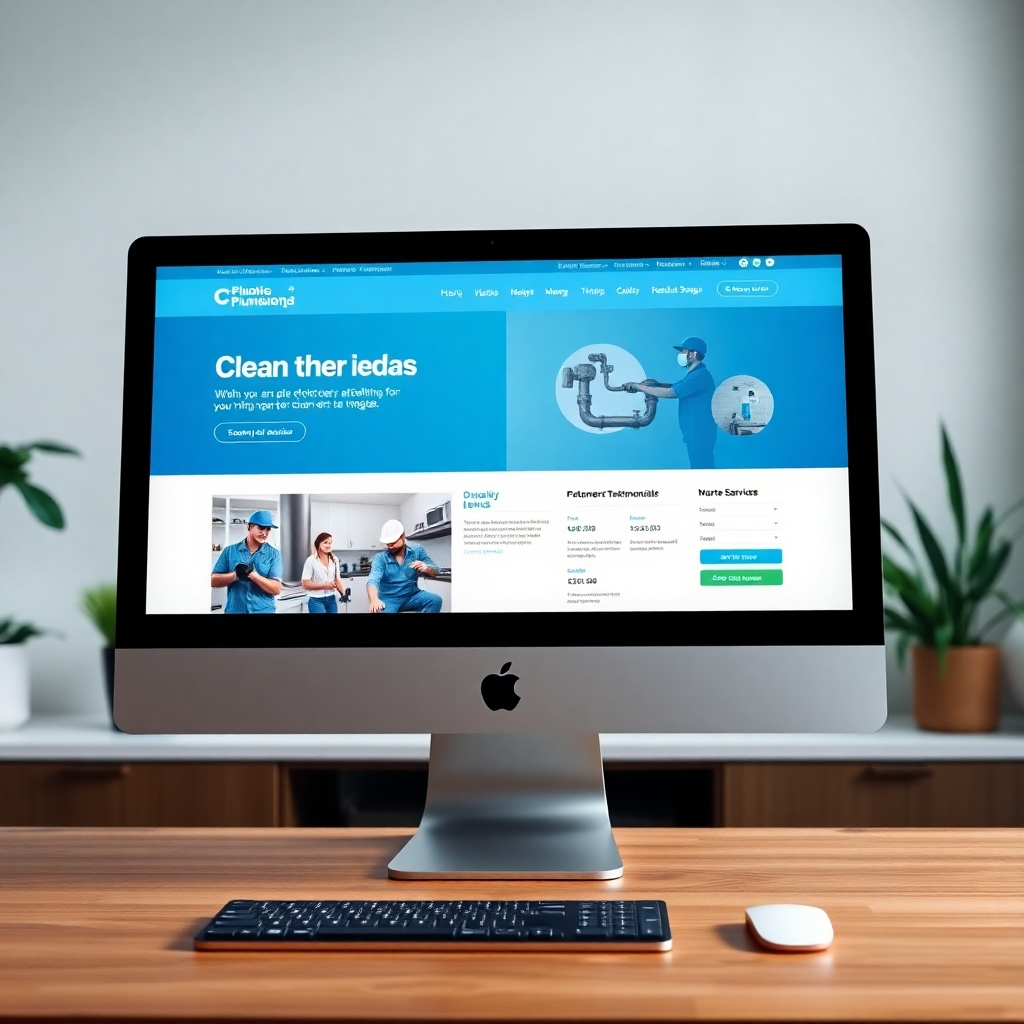 A photorealistic, ultra-high definition 8K image depicting a clean, modern plumbing website design on a high-end iMac screen. Soft, diffused lighting illuminates the screen, showcasing a user-friendly interface with high-quality images of plumbers at work and customer testimonials. The color palette is professional and trustworthy: blues, greens, and whites, evoking cleanliness and reliability. The camera angle is slightly elevated, offering a clear view of the website’s layout and features. The image should feature subtle textures, such as the brushed aluminum of the iMac and the subtle grain of the wooden desk. The background should be a minimalistic, modern office setting with plants, hinting at professionalism and environmental consciousness. Style reference: Steve McCurry's photojournalistic style combined with Apple's product photography. The overall mood should be calm, efficient and inspire trust and confidence in the user.  Include detailed elements such as the website's logo, service icons, contact forms and call-to-action buttons. The website should display a clear and concise service list including same-day/next-day service options.