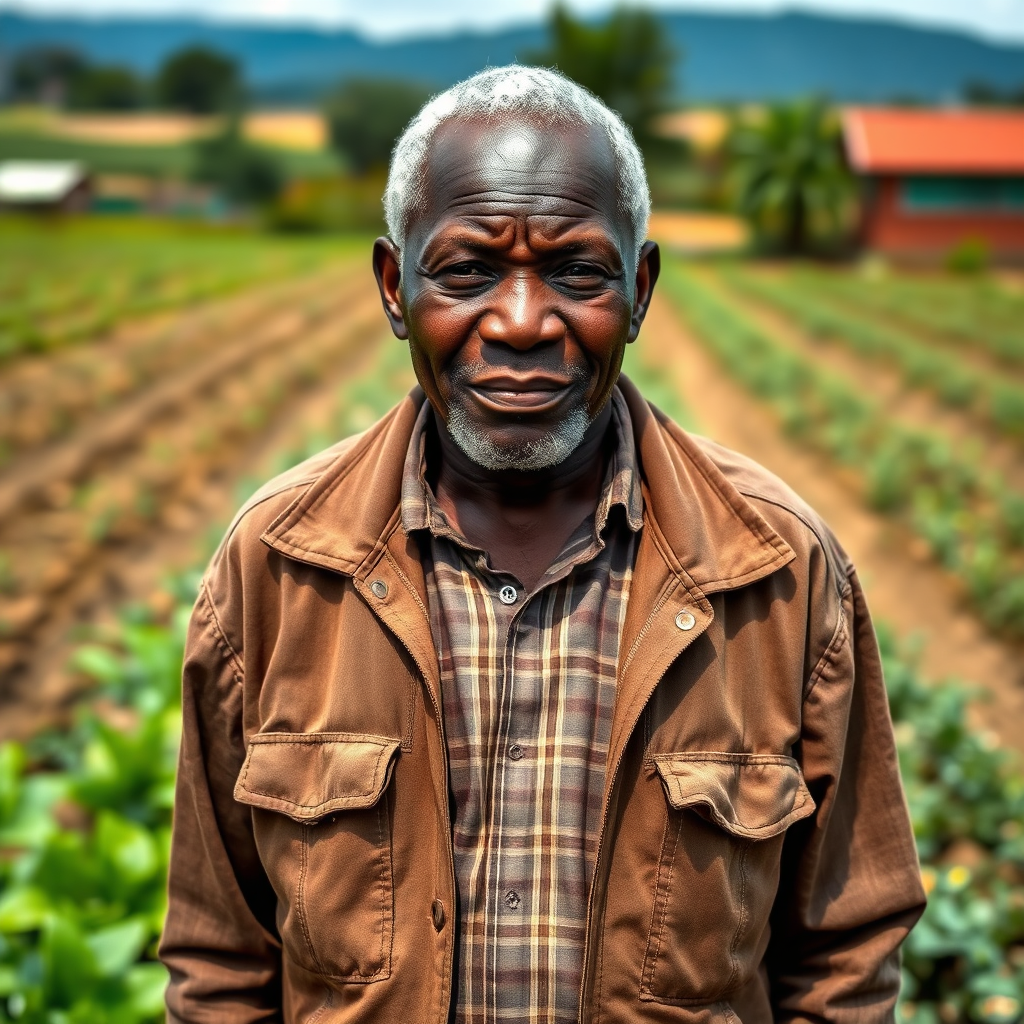 A portrait of the veteran owner of Oluyori Green Farm, standing proudly in front of his fields. The image conveys a sense of strength, resilience, and commitment to community. Natural lighting. 4K resolution.