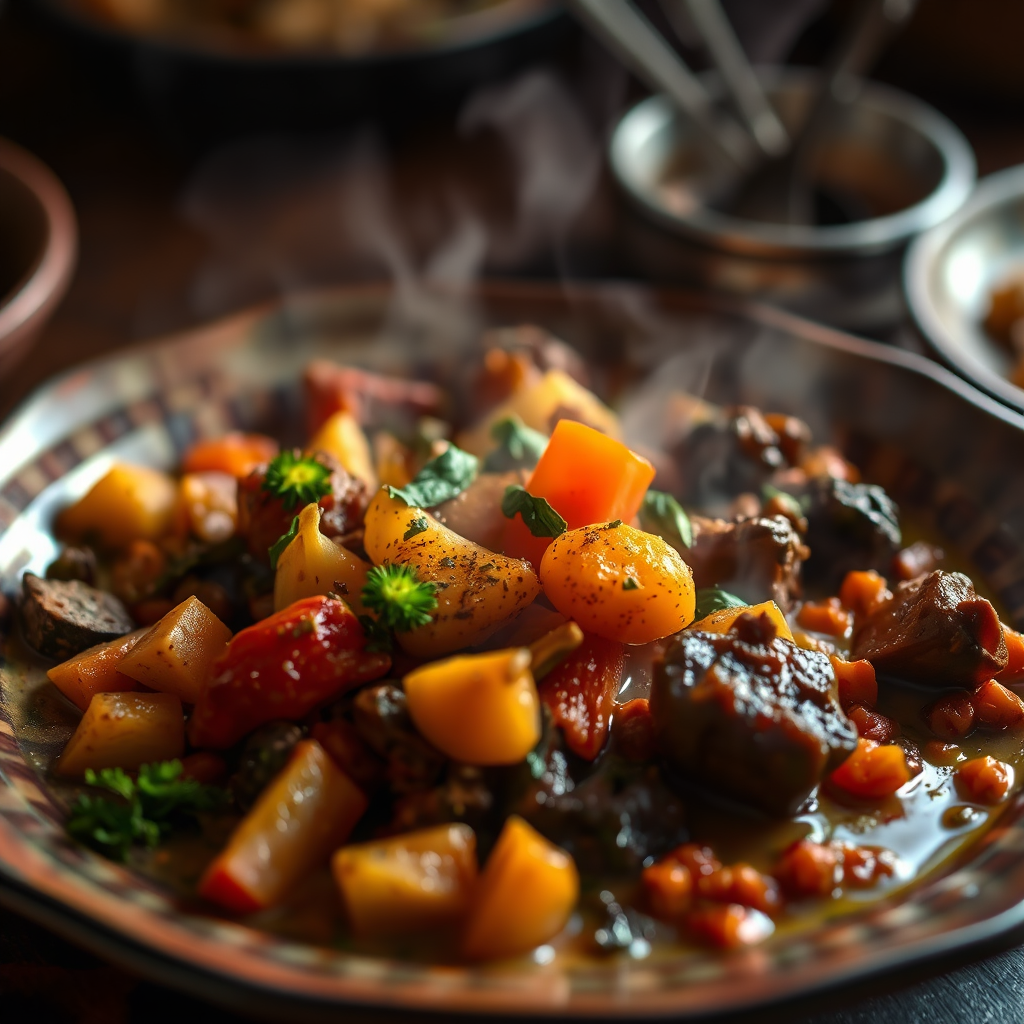 A steaming plate of traditional African cuisine featuring vegetables from Oluyori Green Farm, garnished with herbs and spices. The scene evokes a sense of warmth, comfort, and cultural connection. Warm, inviting lighting. 4K resolution.