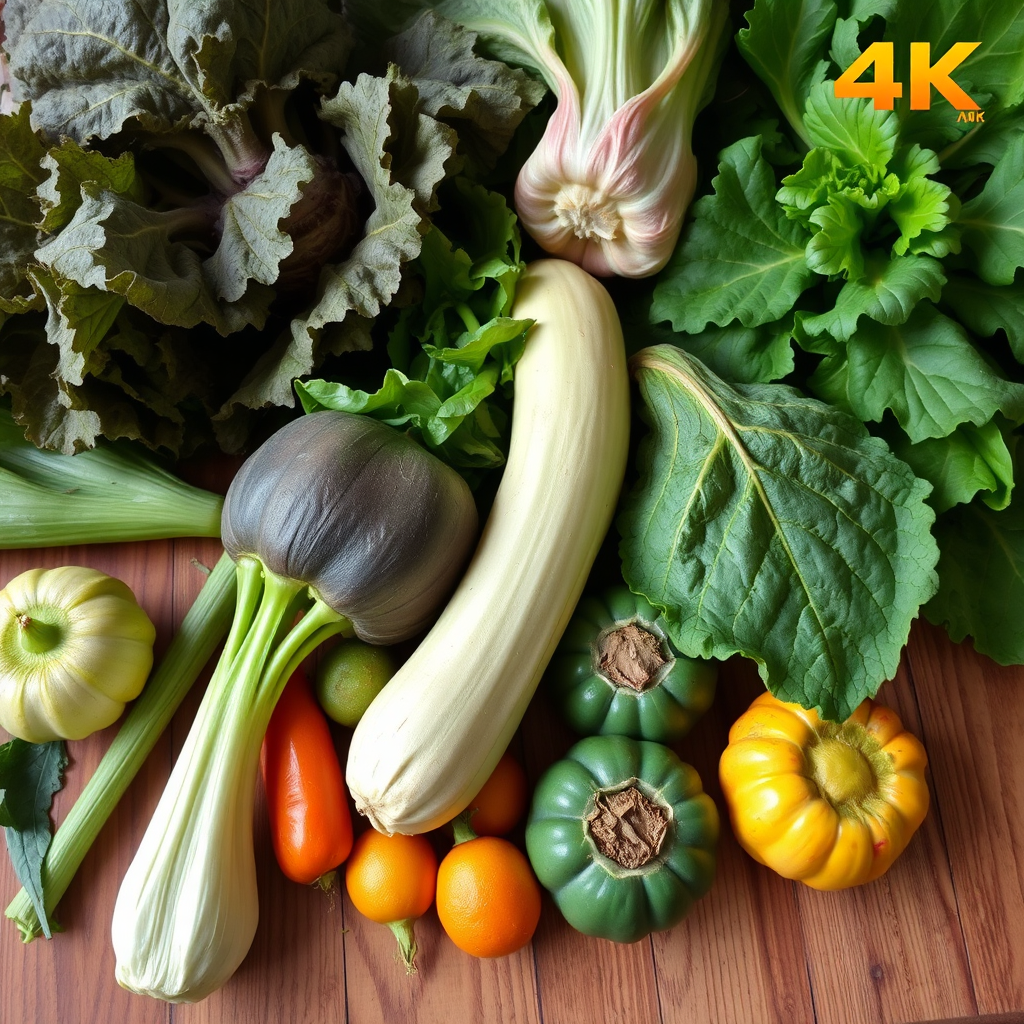 A vibrant display of Efo (Amaranth), Ugu, and Bitterleaf vegetables, showcasing their unique colors, textures, and shapes. The vegetables are arranged artfully on a wooden table. Bright, natural lighting. 4K resolution.