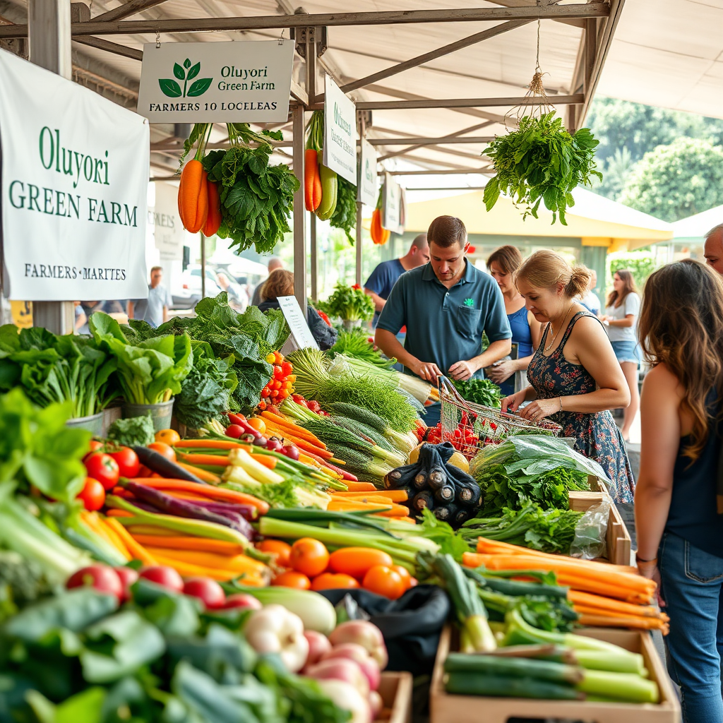 A vibrant display of Oluyori Green Farm's produce at a farmers market stall. Shoppers are browsing and purchasing vegetables, interacting with the farmers. Focus on the freshness and variety of the produce, along with the friendly atmosphere. Bright, natural lighting. 4K resolution.