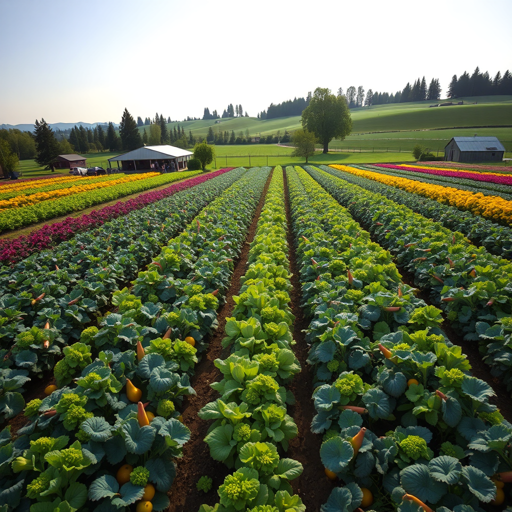 A wide shot of Oluyori Green Farm, showcasing its fields of vibrant crops and its peaceful setting in Spokane. The image conveys a sense of abundance, community, and connection to the land. Natural lighting. 4K resolution.