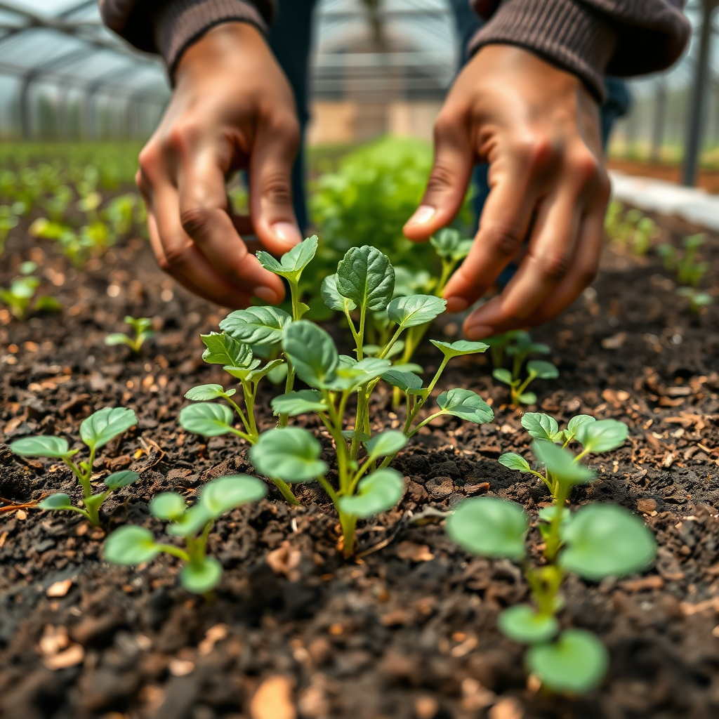 Close-up shot of hands carefully tending to young vegetable plants in a greenhouse. The focus is on the soil and the delicate leaves, emphasizing the farm's commitment to sustainable agriculture. Natural lighting and earthy tones. 4K resolution.