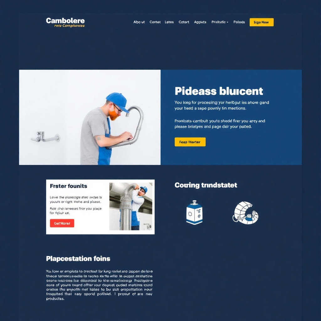 A photorealistic image of a plumber's website landing page showcasing a large banner with prominent text 'Same-Day Emergency Plumbing Service'. The banner could feature a happy homeowner and a plumber in action fixing a leak with a wrench. Additional images showing various plumbing services are placed slightly lower on the page and the site is well designed with a strong call to action button.