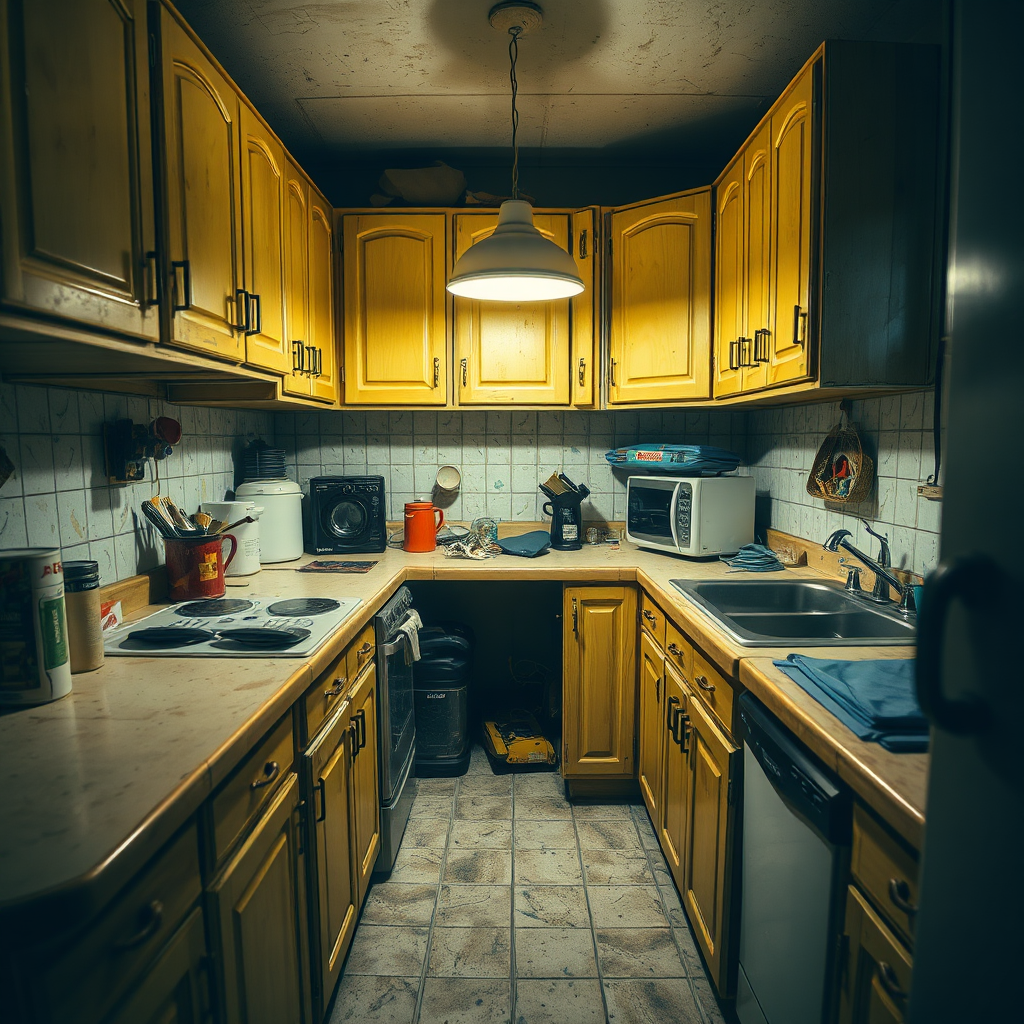Outdated cramped kitchen with worn surfaces and poor layout