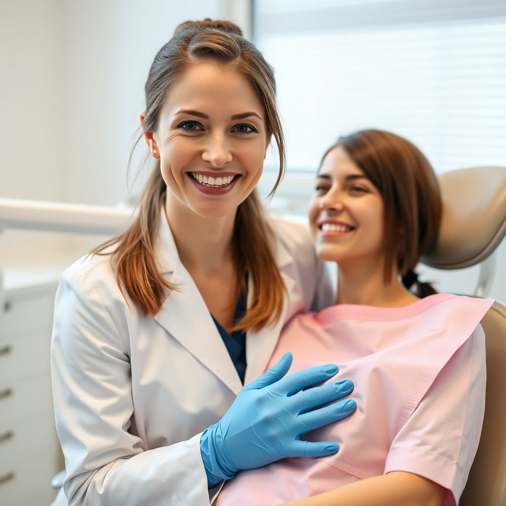 Dr. Elena Hartfield with a patient in a bright modern dental clinic