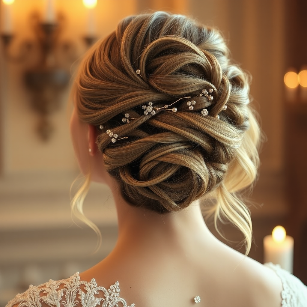 Romantic bridal updo with golden hair pins