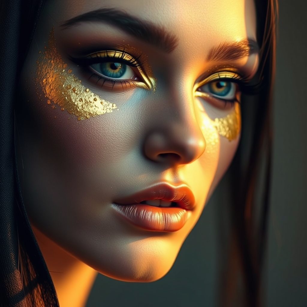Avant-garde makeup with gold leaf on cheekbones