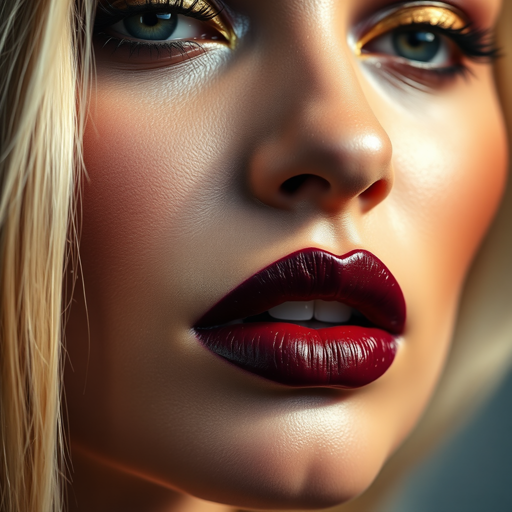 Editorial look with burgundy lip and gold leaf