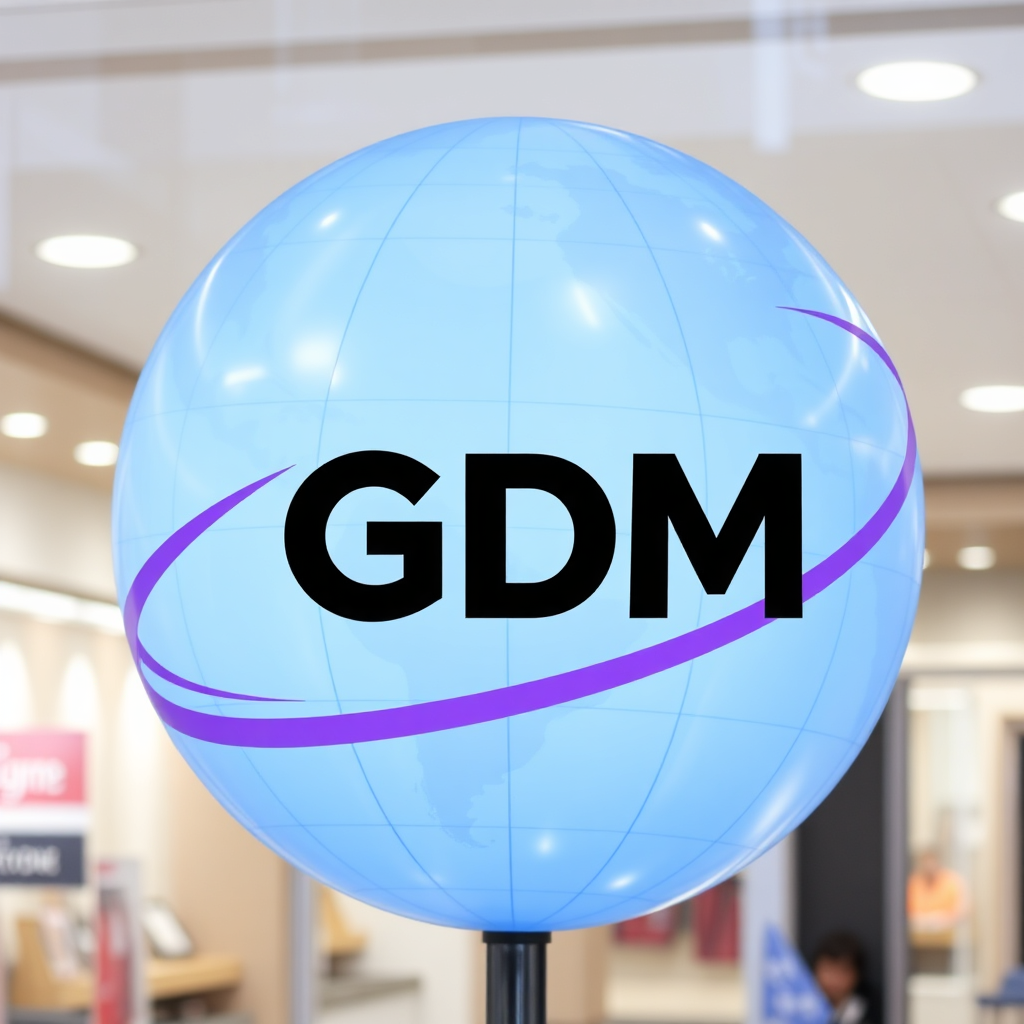 Hero composition with GDM logo over a globe
