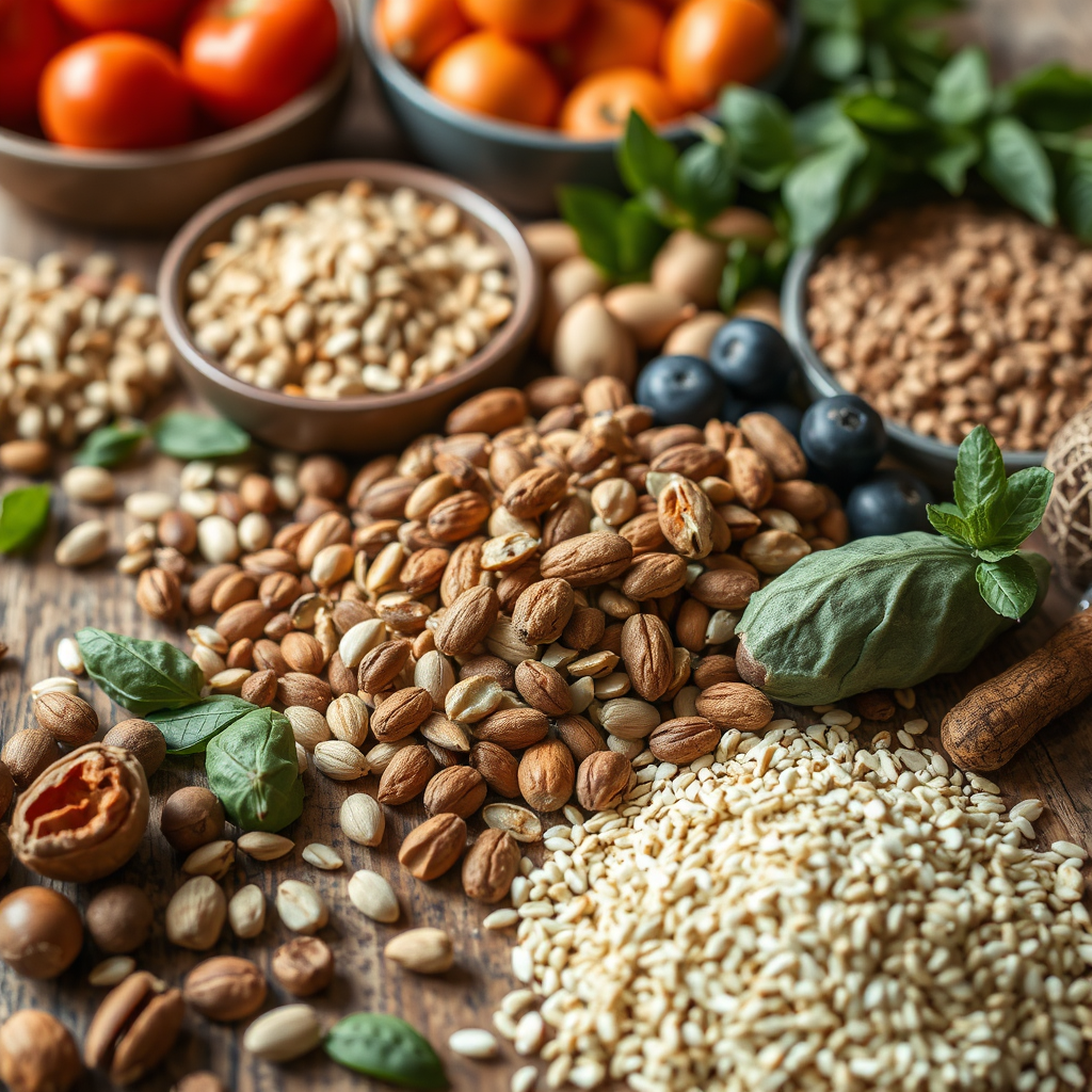 A close-up image of a wooden table filled with an assortment of whole foods including nuts, seeds, whole grains, and fresh produce. The texture and colors of the food are highlighted by the natural light, capturing the organic essence of healthy eating. A soft-focus approach captures the beauty and simplicity of whole foods, styled with a rustic charm.