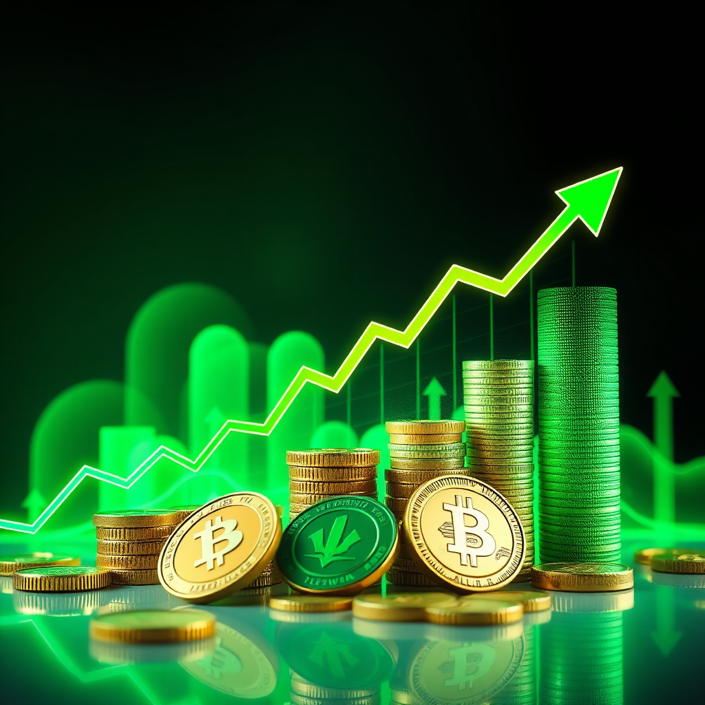 A dynamic image representing investment growth, showcasing a bullish chart overlaid with trending cryptocurrencies. The colors should be vibrant, with green tones dominating the backdrop. The image should include elements of investment motivation, such as upward arrows and digital coins. Lighting should be bright and uplifting, emphasizing a positive market sentiment. Technical specs: 4K for optimal detail.