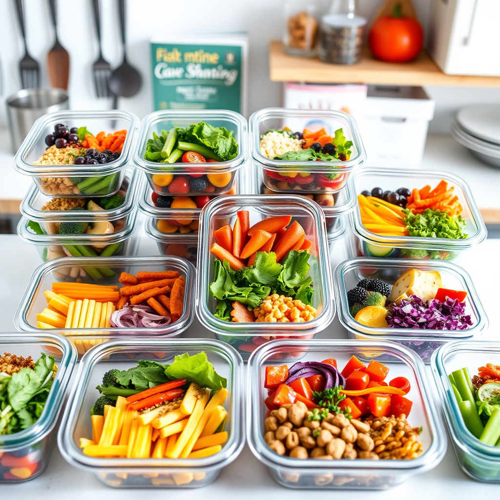 A dynamic image showcasing a colorful array of prepared meals in clear containers, neatly organized. Each container features different food groups, and the setting is a bright kitchen with utensils and recipe books in the background. The lighting enhances the vibrancy of the meal prep and evokes feelings of efficiency and excitement for nutritious eating. High-quality visuals focus on colorful and appealing food presentations.