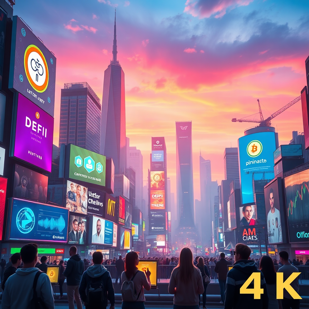 A futuristic cityscape with digital billboards displaying various cryptocurrencies and trends like DeFi and NFTs. The foreground includes people interacting with augmented reality displays, representing the fusion of technology with finance. The color palette is futuristic, with neon highlights. Lighting conditions reflect an exciting dawn of innovation. The image should aim for a captivating 4K resolution.