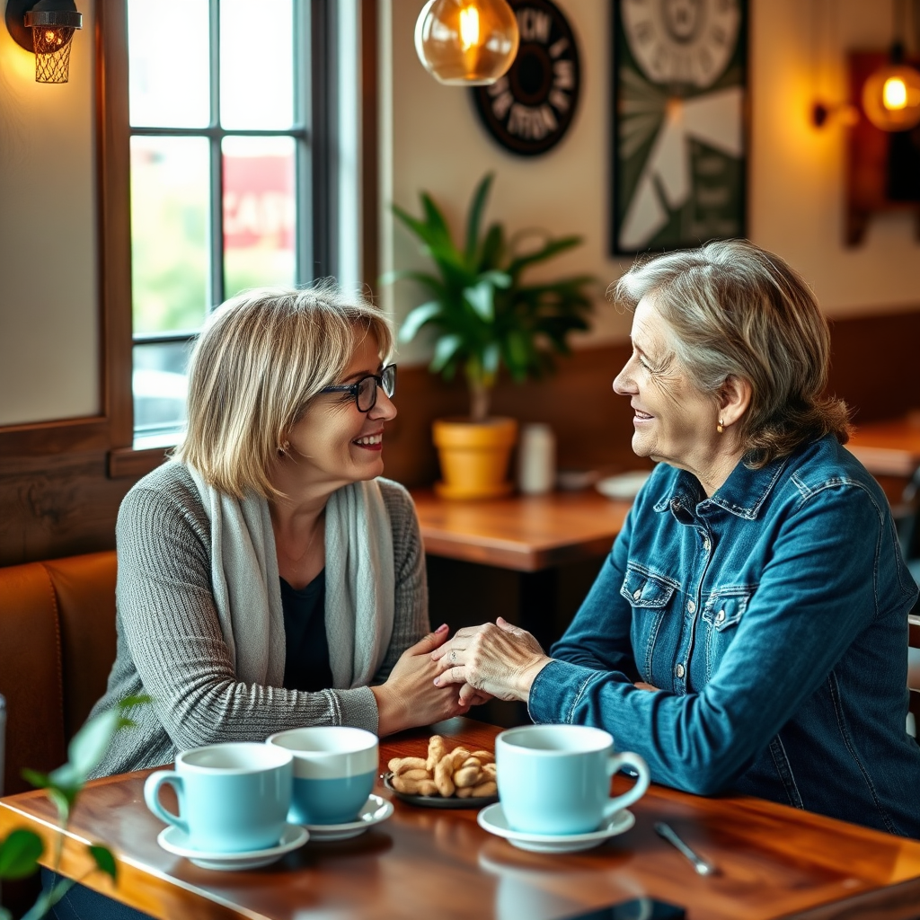 A heartwarming image of a nutrition coach and client engaged in a heartfelt discussion at a small cafe. The warm ambiance reflects a supportive environment, with coffee cups and healthy snacks on the table. The focus should be on their genuine interaction, conveying trust and understanding. The style is inviting, showcasing the personal touch of coaching.