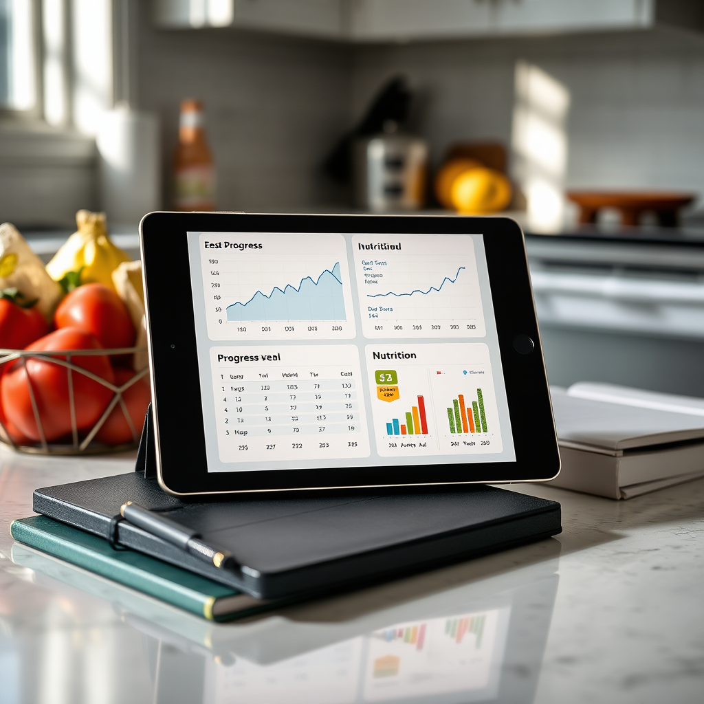 A motivating image featuring a digital app displaying progress graphs and nutrition data on a tablet. The tablet is placed on a kitchen counter alongside journals and healthy snacks. Natural light enhances the clarity of the screens, providing an engaging visual that underscores the tech-savvy approach to nutrition tracking. The overall style is modern and approachable.