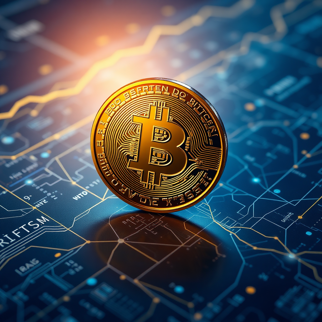 A photorealistic depiction of a Bitcoin coin resting on a digital blueprint with a glowing background. Elements of its creation story like code snippets and network nodes are subtly integrated into the design. The lighting is dramatic, emphasizing the coin's details and its significance in digital currency history. The composition should narrate its journey into the present. 4K resolution for clarity and impact.