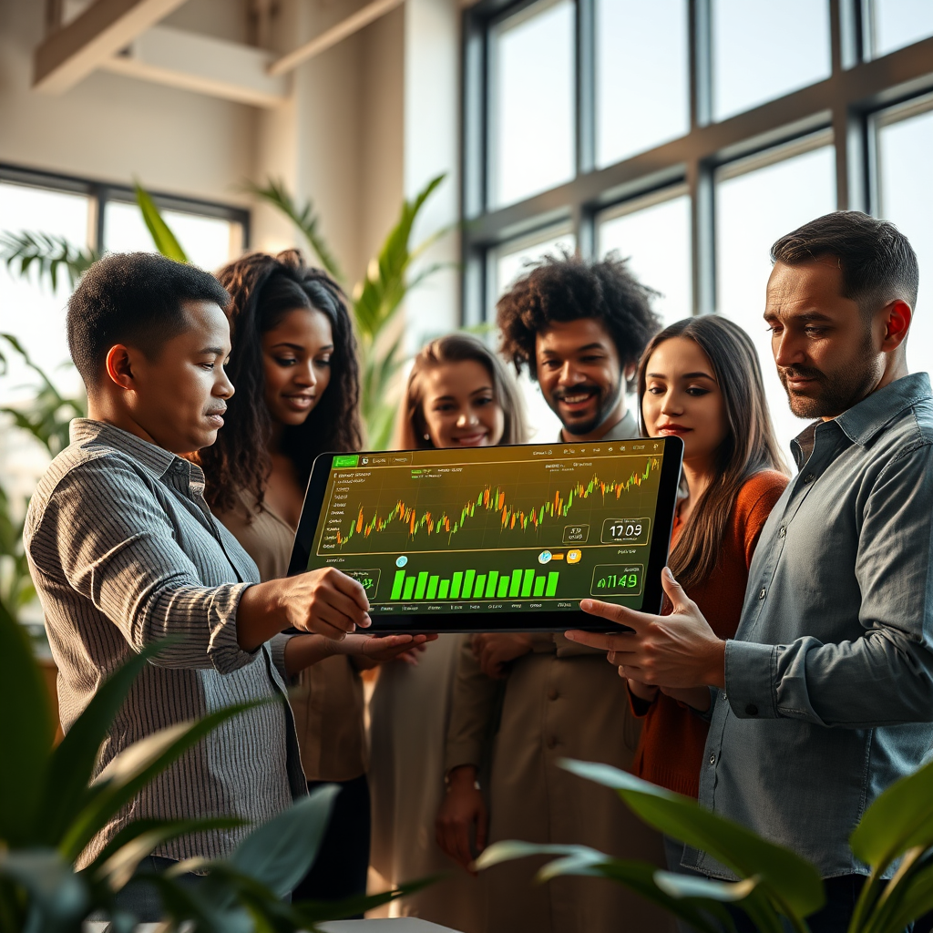 A photorealistic image illustrating the concept of cryptocurrency education. The scene depicts a diverse group of people absorbed in discussion around a digital tablet that displays vibrant charts and currencies. The environment is a modern, well-lit office with plants and a large window showcasing a bright day. The color palette includes warm tones with a focus on greens to symbolize growth. The camera angle is slightly overhead, allowing a view of both the subjects and the tablet's display. The texture of the tablet's screen is clear and vibrant. Technical specs are set to 4K resolution for high-quality representation.