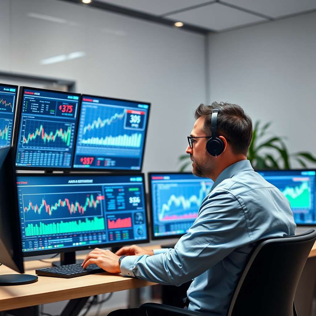 A professional analyst working with multiple screens displaying market trends and analytics. The setting is a modern office with clean lines and high-tech equipment. Soft lighting highlights the detailed graphs and charts on the screens. The atmosphere should convey a sense of expertise and professionalism. This image should be rendered in high-quality 4K for precision.