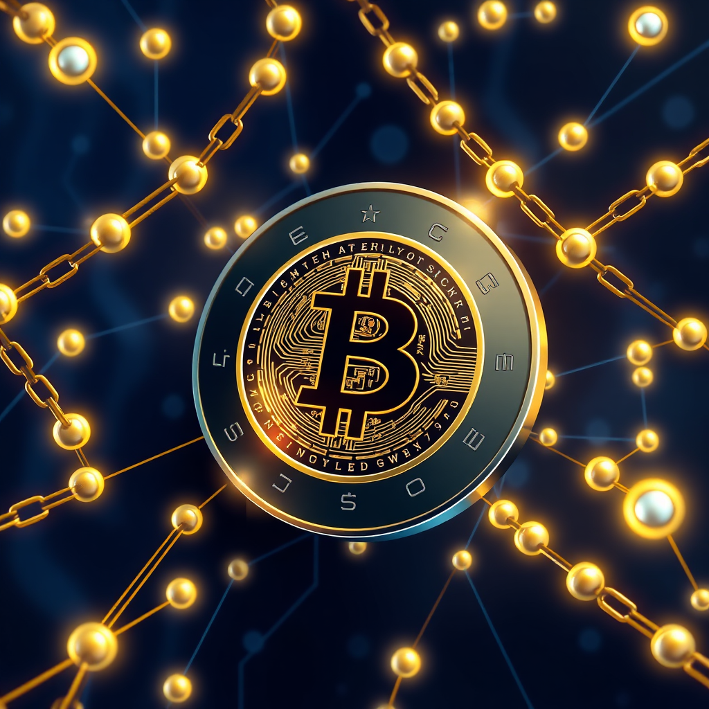 A stylized image featuring a digital coin surrounded by blockchain components like chains and nodes. The background is a deep blue with glowing connections symbolizing the network. The coin is prominently displayed, showcasing intricate designs that represent various cryptocurrencies. The lighting should highlight the coin's shiny surfaces, while shadows create depth. Technical specs should be set for high-quality artistic representation.