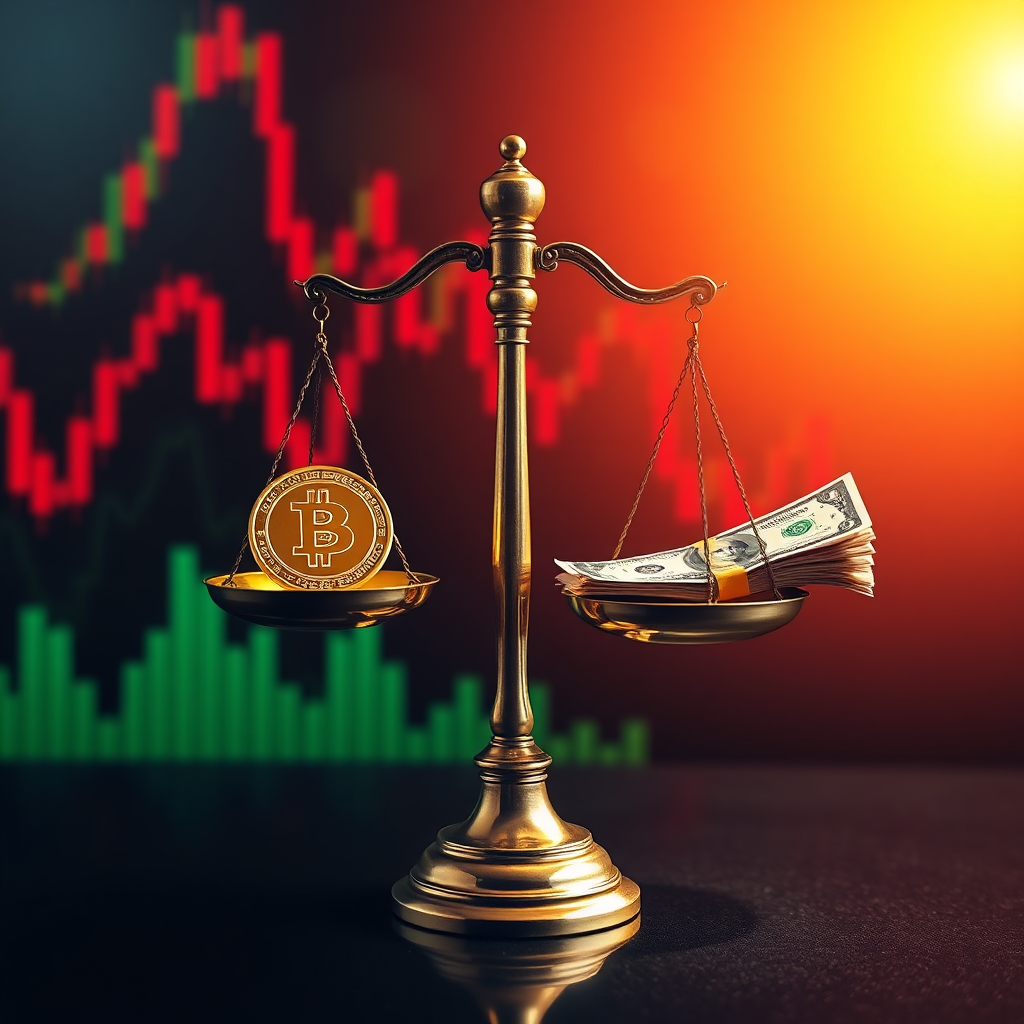 A stylized image featuring a scale balancing a digital coin on one side and dollar bills on the other. The background reflects a fluctuating market graph, colors shifting between red and green. The scale shines under dynamic lighting, highlighting the tension between profit and loss. The composition should feel dramatic, capturing the essence of risk in investment. Technical specs: high-quality for maximum visual impact.