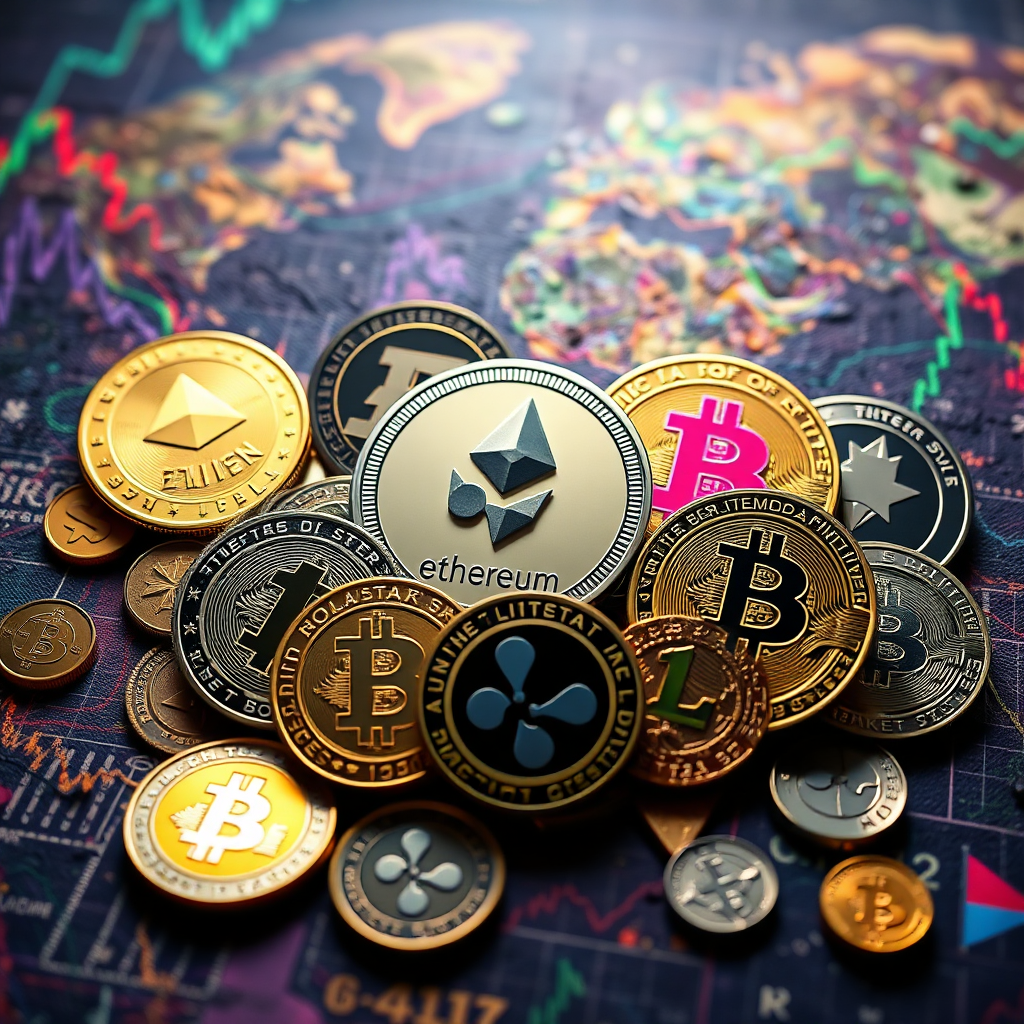 A vibrant collage of various altcoins, each distinct in design and reflecting different uses, like Ethereum, Ripple, and Litecoin. The background is a textured blend of colors representing global financial markets. Lighting should create a 3D effect, making the coins leap off the surface. The overall composition should illustrate the diversity in the crypto landscape. Technical specs should ensure high-quality 4K results.