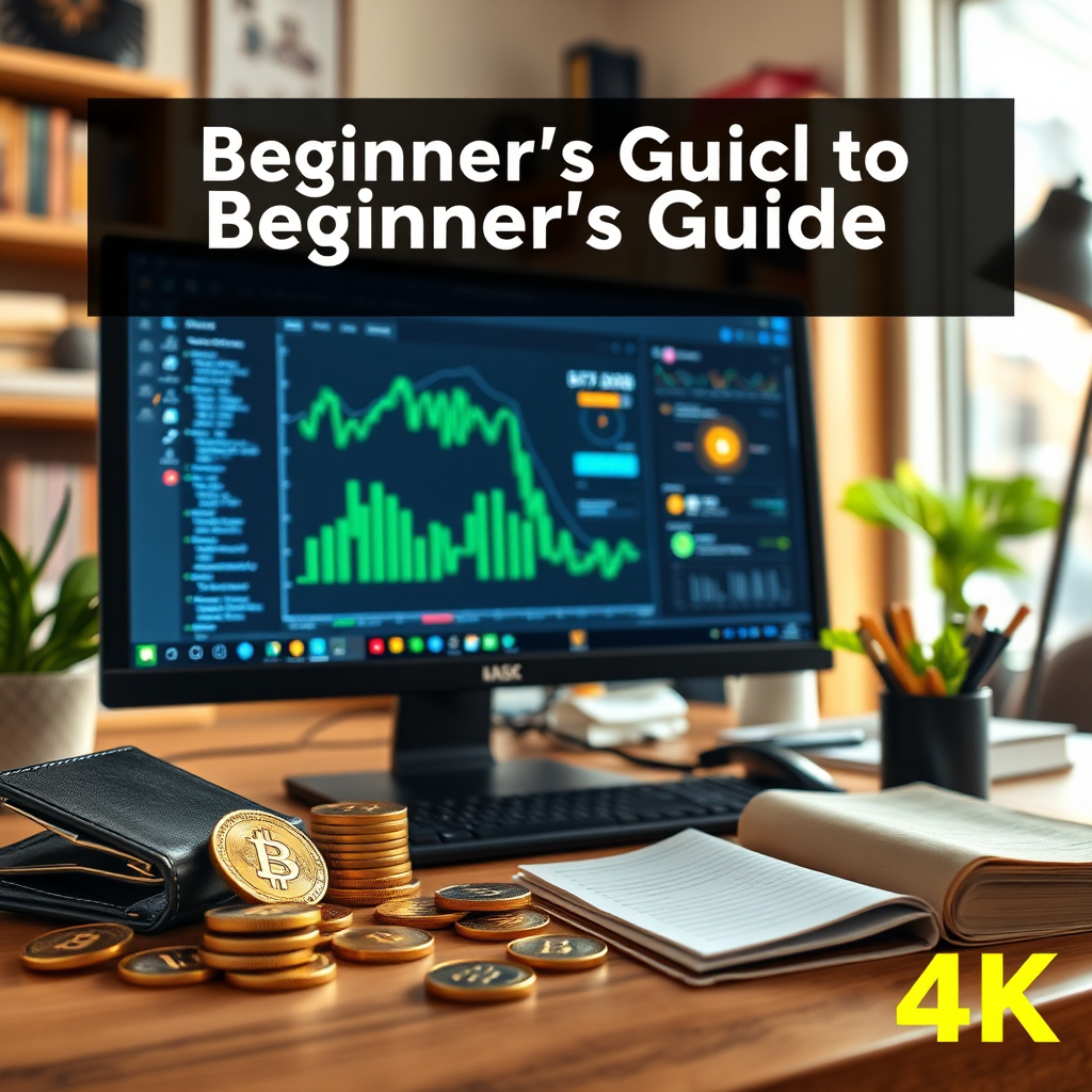 A visually engaging image showing a beginner's guide to cryptocurrency, featuring wallets, coins, and a computer interface. The background is a cozy home office environment with bright lighting. Include educational materials like books and a notepad. The camera angle should provide a sense of approachability for new users. The image should be crafted in high-quality 4K resolution.