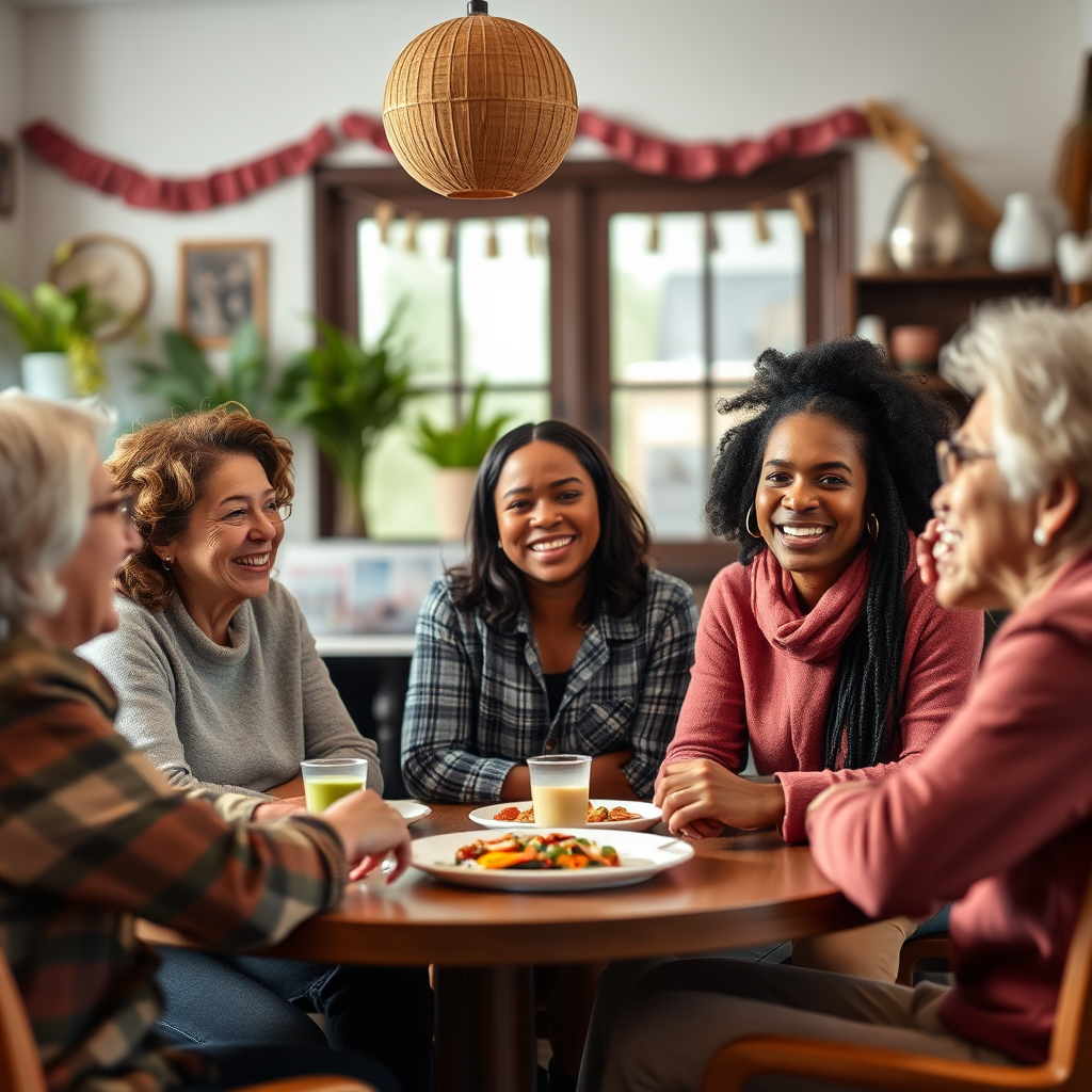 A warm, candid image of a group of diverse individuals participating in a nutrition support group. They are sharing experiences and smiling, creating an inclusive and uplifting atmosphere. The setting is cozy, with decorations that evoke warmth and a sense of belonging. The style should capture genuine connection and community, styled in high quality.