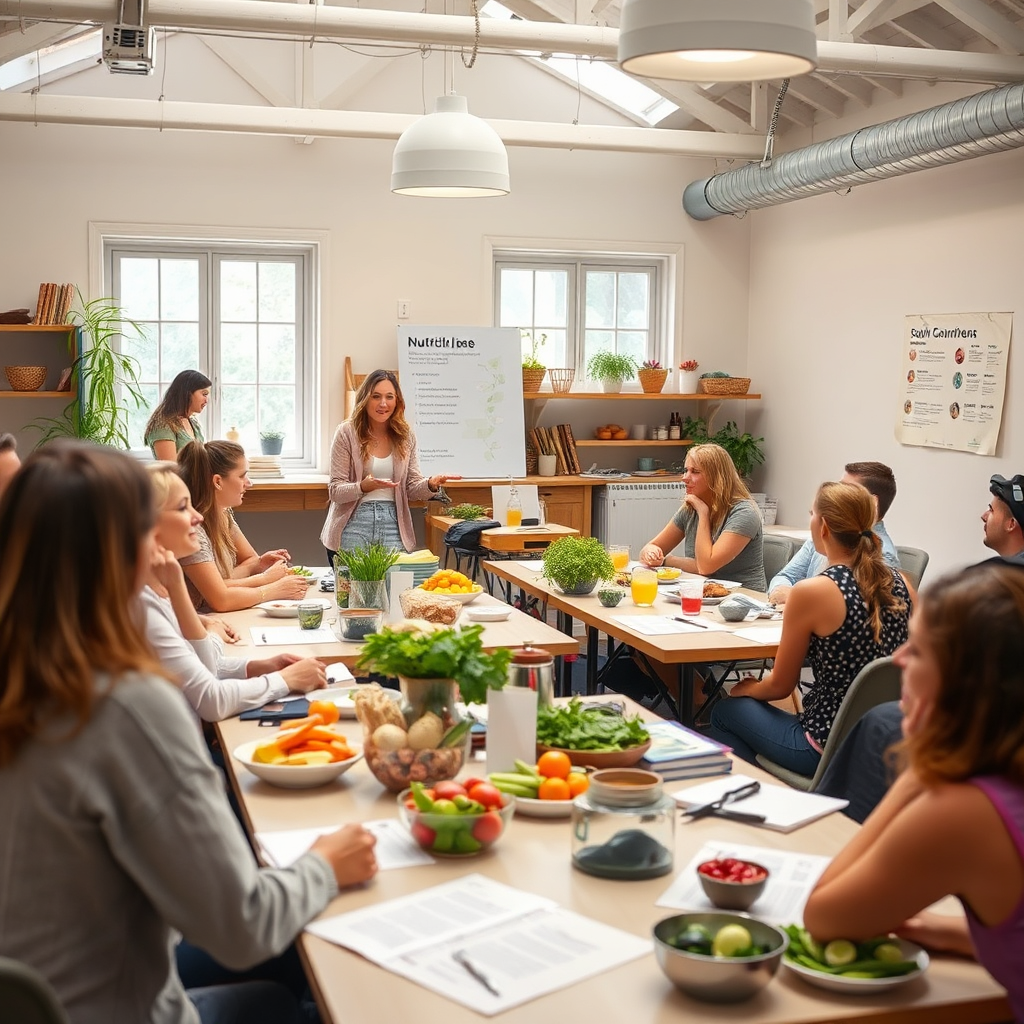 An engaging image of a nutrition workshop in session, with a coach presenting to a group of participants seated at tables filled with whole foods and resources. The environment is bright and filled with enthusiasm, showcasing the collaborative spirit of learning. The scene should invite viewers into the experience, styled in an informative yet approachable manner.