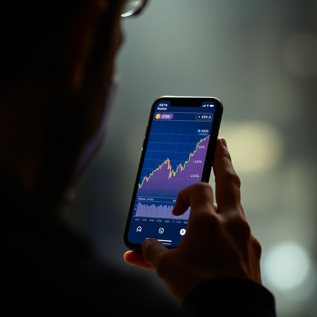 An evocative image depicting a person looking at a fluctuating graph on their phone, portraying the emotional journey of navigating crypto investments. The background should be a blend of dark and light tones reflecting market uncertainty and clarity. The lighting should focus on the phone's screen, capturing attention. High-quality representation in 4K is necessary for depth and realism.