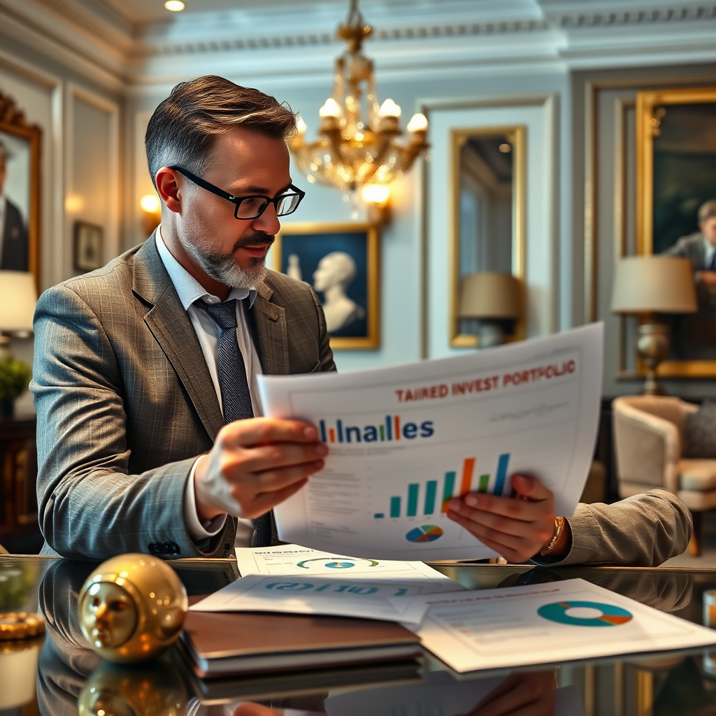 An image showing a financial advisor discussing a tailored investment portfolio with a client, surrounded by visually appealing infographics. The background is an elegant office space with sophisticated detailing. The lighting should create a professional atmosphere, focusing on the documents being reviewed. High-quality 4K resolution is essential to show detail.