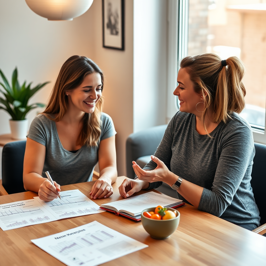 An inspiring image of a client discussing their nutrition goals with a coach in a warm, well-lit office space. Notes and charts are spread out on the table, while both individuals look engaged and motivated. The background showcases a comfortable environment, fostering a sense of support. The image reflects positivity and ambition, styled to create a personal connection.