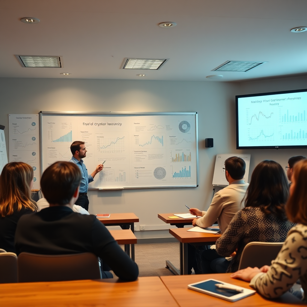 An inviting classroom setting where an instructor engages with students about cryptocurrency. Visual aids like whiteboards filled with charts enhance the learning environment. The lighting is warm and encouraging, reflecting a friendly mood. Include diverse participants actively participating. The overall image should be high-quality 4K to emphasize the learning experience.