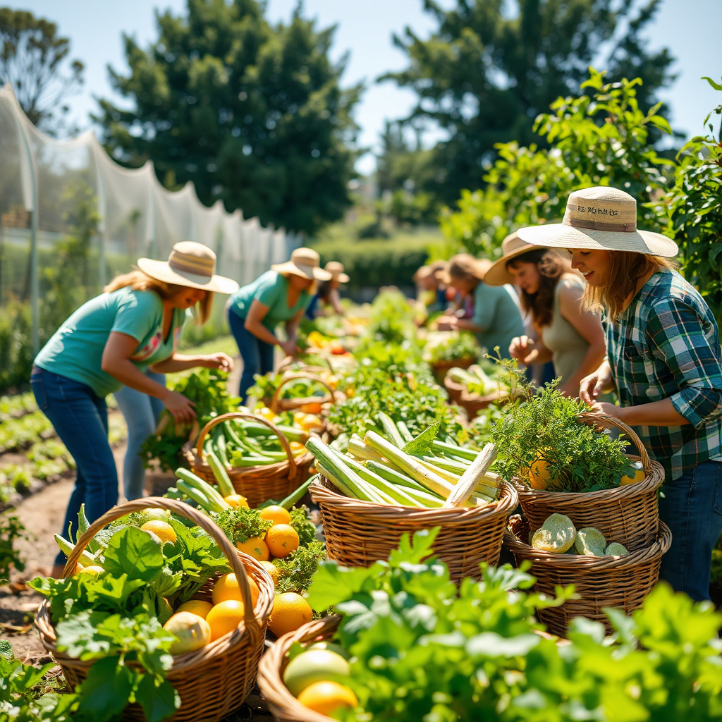 An uplifting image of a community garden with individuals harvesting fresh vegetables and fruits. The bright sunlight illuminates their efforts, showing vibrant greens and yellows. The composition includes baskets filled with produce, emphasizing sustainability and connection to nature. The style is bright and cheerful, highlighting the joy of nourishing oneself through sustainable practices.