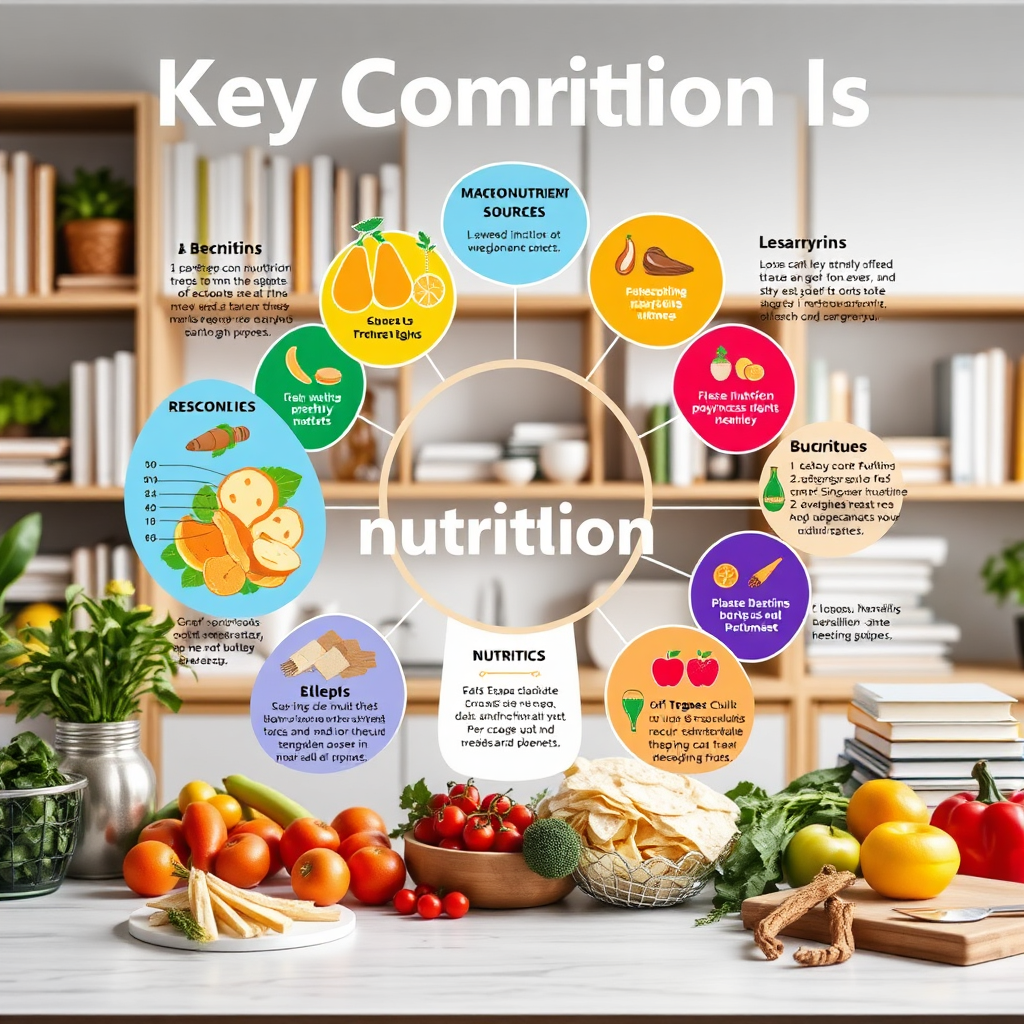 Craft a vibrant graphic illustrating the key components of nutrition, including charts or infographics that break down macronutrient sources and their benefits. The background can be a clean, modern workspace filled with nutrition books and fresh ingredients. Incorporate bright colors for clarity and engagement, with the composition designed to be educational yet visually appealing. Aim for high-resolution detail, focusing on clarity and readability.