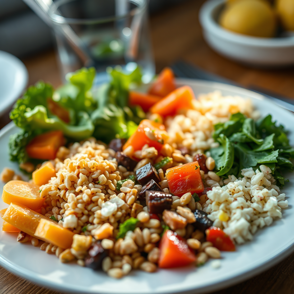 Create a close-up of a carefully arranged balanced meal plate showcasing a variety of foods, emphasizing colorful vegetables, grains, and proteins. Natural light should illuminate the plate from the side, enhancing the colors and textures of the food. The background could feature utensils or a dining setting, suggesting readiness for a meal to be enjoyed. The aim is to produce a photorealistic portrayal that encourages the viewer to appreciate the beauty of balanced meals.