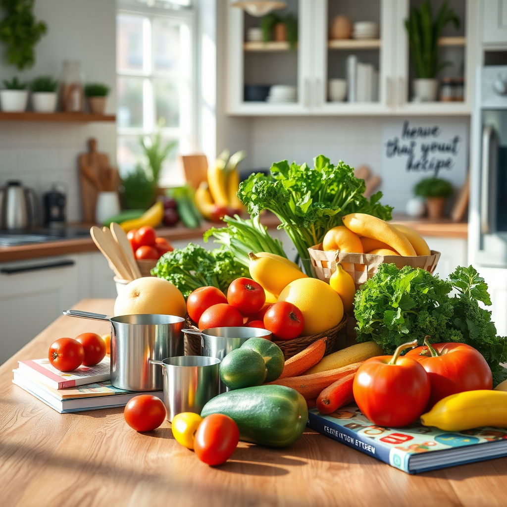 Create a photorealistic, ultra-high quality header image that encapsulates the essence of Body Boost. The image should feature a dynamic composition with a bright, inviting kitchen space filled with fresh fruits and vegetables. Soft, natural lighting highlights the vibrant colors of the produce, creating an energetic and uplifting atmosphere. The camera angle should be slightly overhead, showcasing a wooden table adorned withmeal prepping tools like measuring cups and recipe books. The texture details should emphasize the crispness of the vegetables and the warmth of the wooden surfaces. Include motivational quotes or graphic elements subtly in the background. Style references could include modern, clean kitchen aesthetics. Technical specs should aim for 8K resolution and hyperrealistic quality.