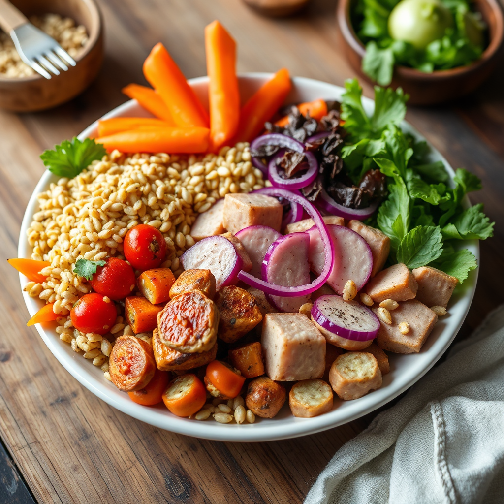 Create an engaging image showcasing a colorful plate filled with a variety of healthy foods, including whole grains, lean proteins, and vibrant vegetables. Use natural lighting to enhance the appeal of the food. The camera angle should focus closely on the plate to emphasize the freshness and quality of each ingredient. Background elements could include simple utensils and a rustic dining table to create an approachable, homely feel. Ensure the image appears photorealistic.